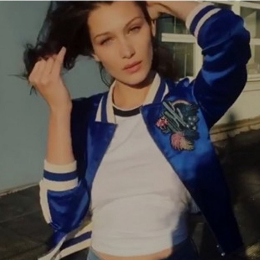 Maje Blue Satin Embroidered Bomber Jacket
